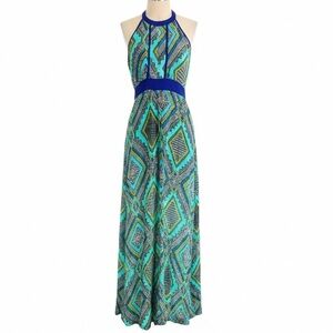 Lulu's Maxi Halter Dress Geometric Print Teal & Blue Size Small NEW!